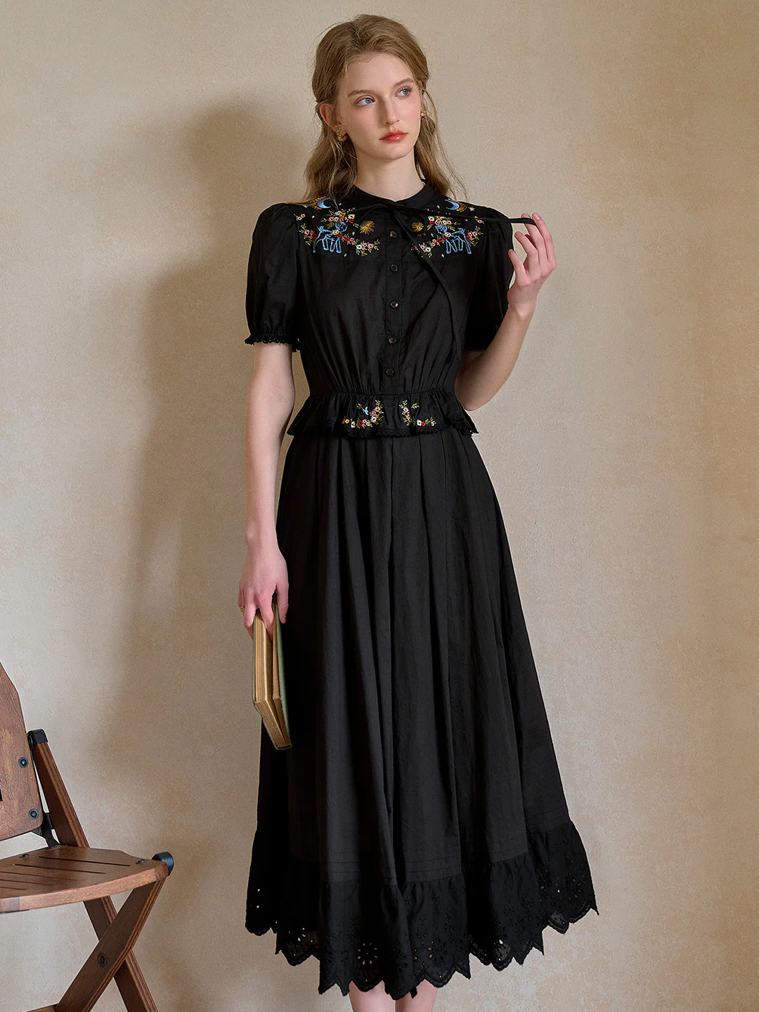 Round Neck Tie Embroidery 100% Cotton  Dress