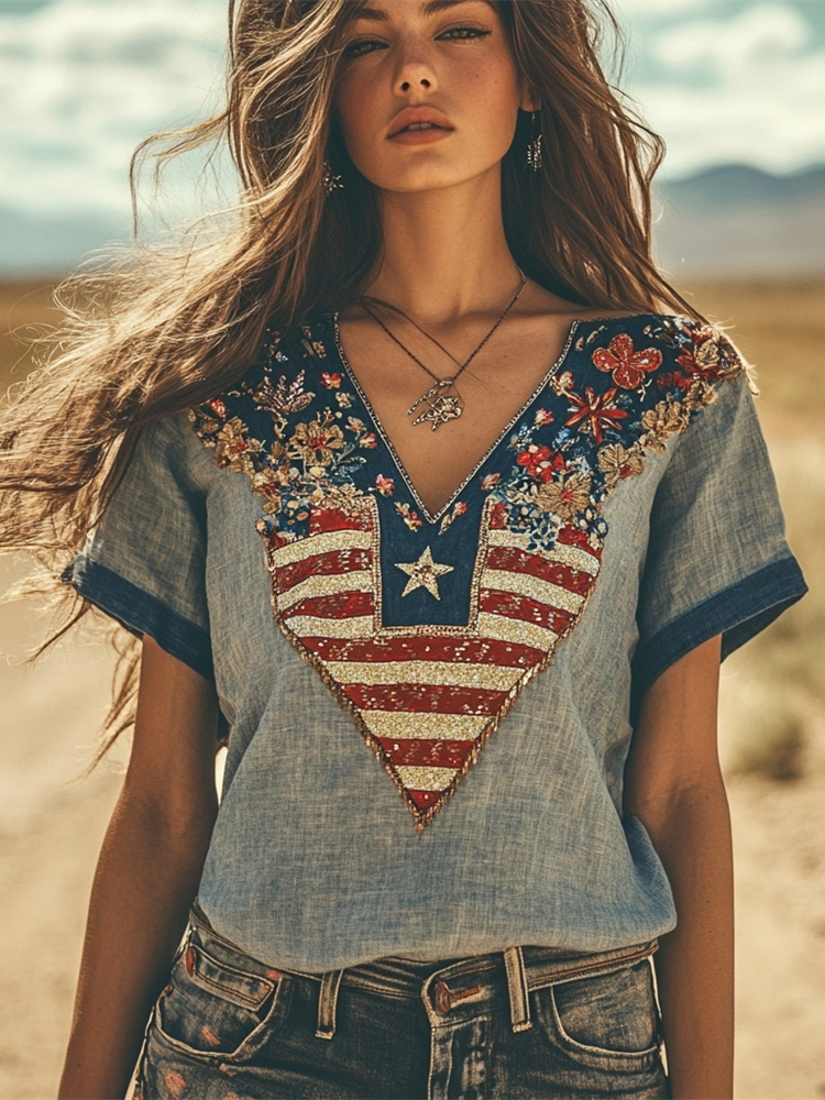Western Style Floral Sequin Embroidery Women's Linen V-neck Shirt