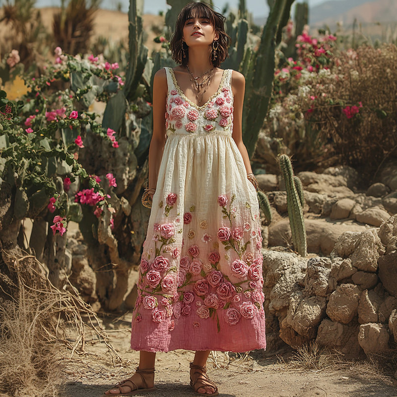 Vintage Pink Flowers Embroidered Linen Maxi Dress