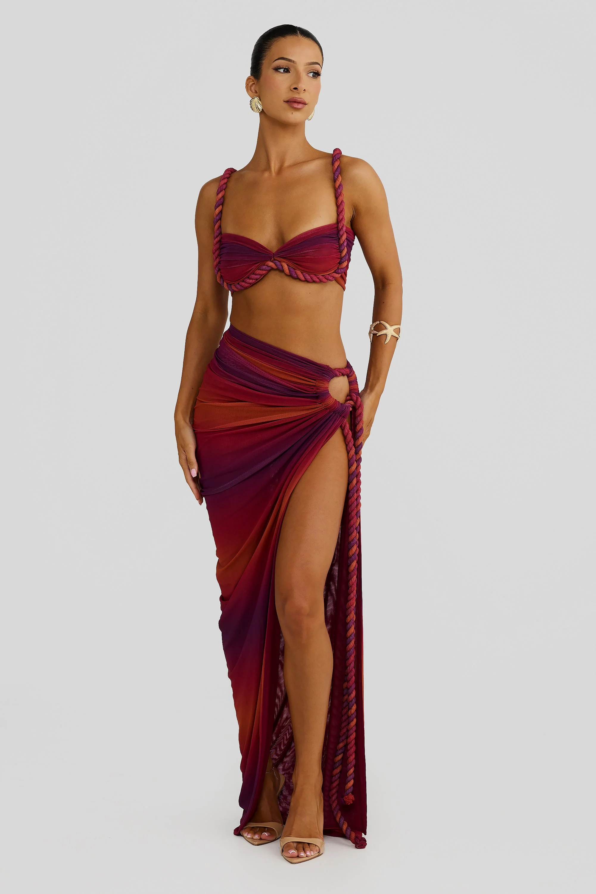 Swimsuit Braided Suspender Top Slit Skirt Set In Wine Red