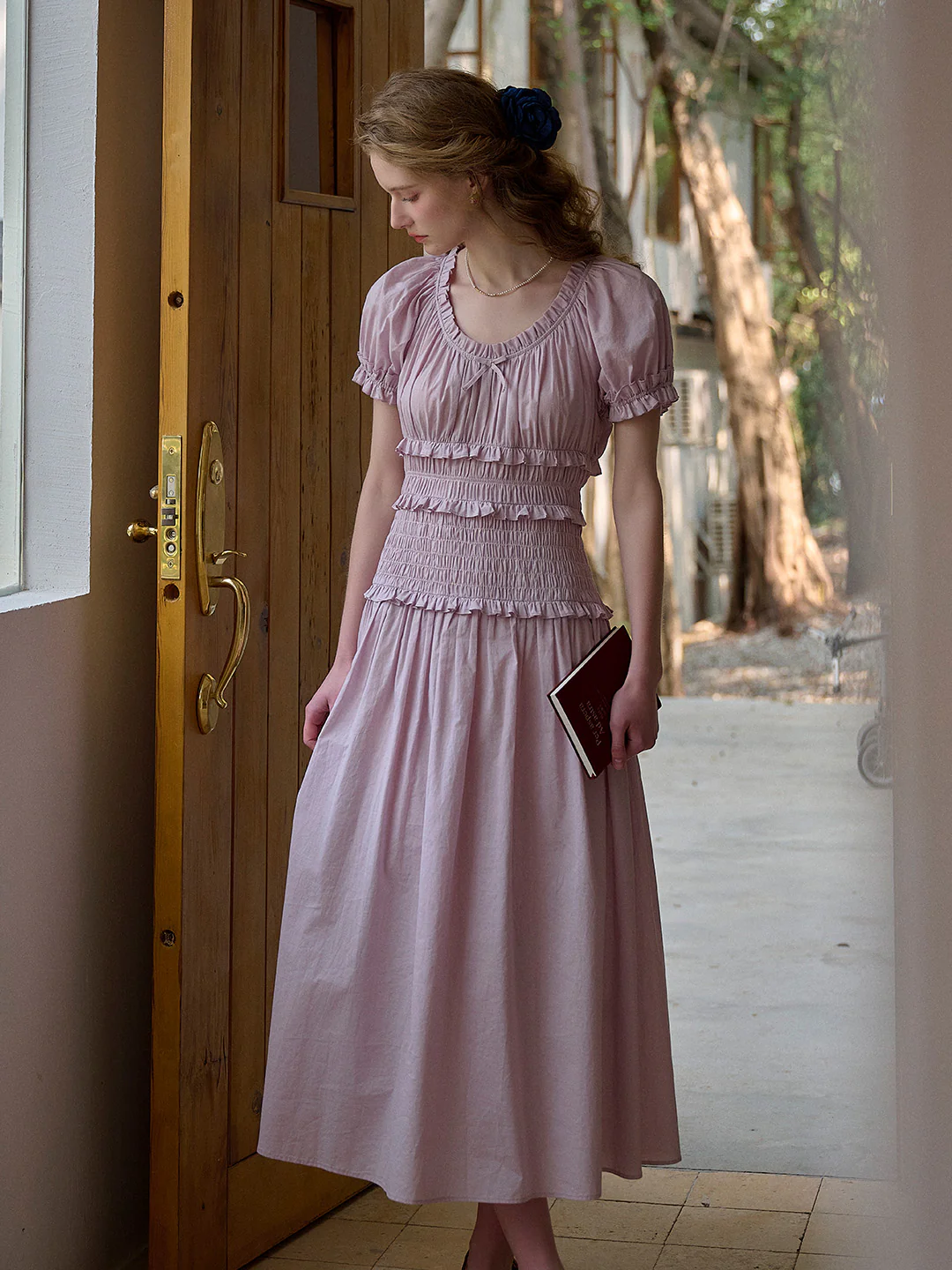 Round Neck Pleated 100% Cotton Dress - Purple