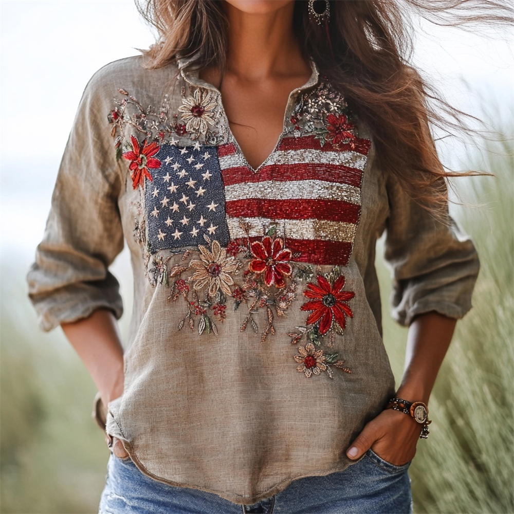 Independence Day Flag & Floral Sequin Embroidery Women's Linen V-neck Shirt