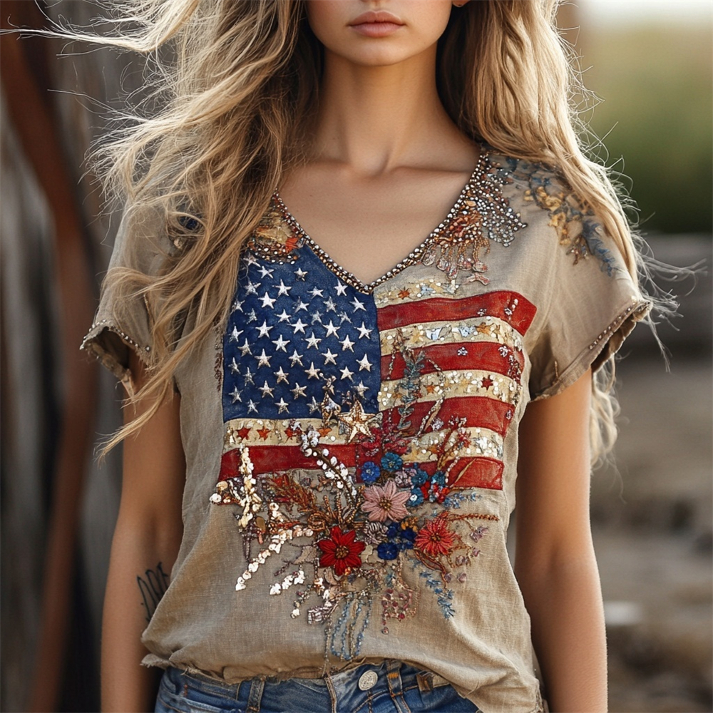 Vintage Independence Day Fireworks Floral Sequin Embroidered Women's Linen V-neck Shirt