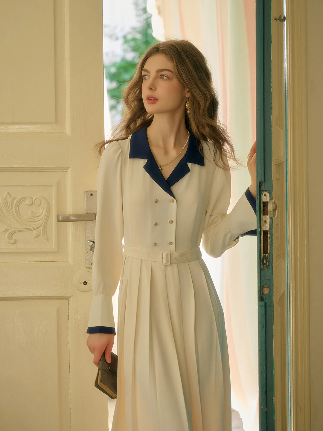 Vintage Double Breasted Colorblock Collar Dress