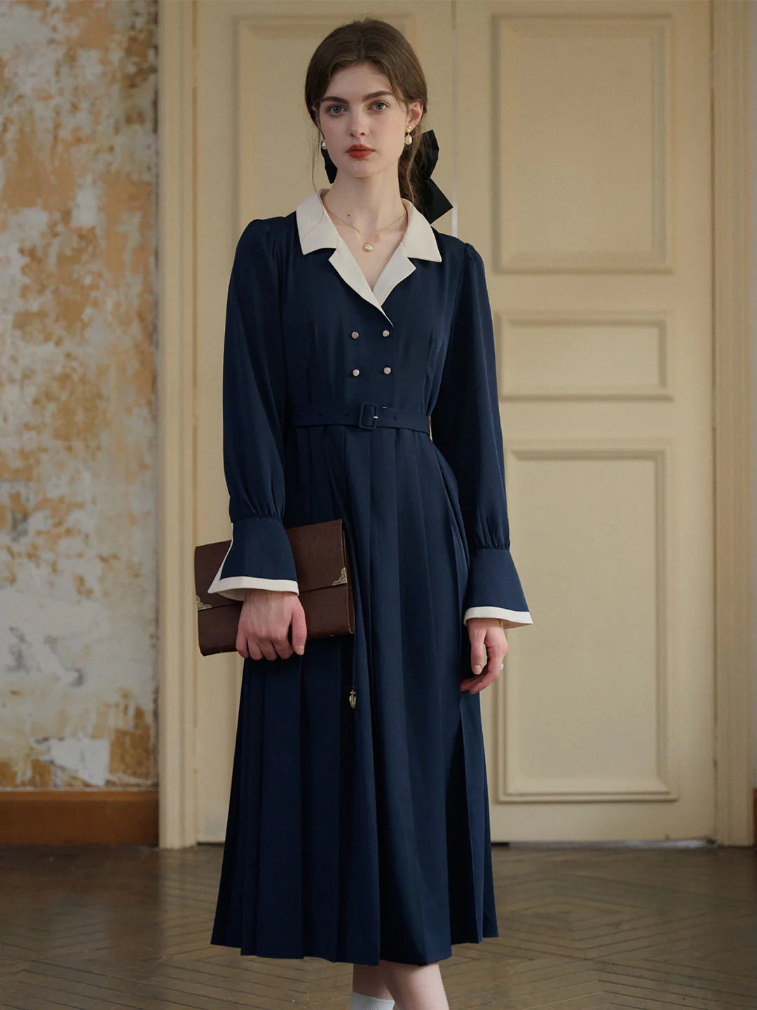 Vintage Double Breasted Colorblock Collar Dress