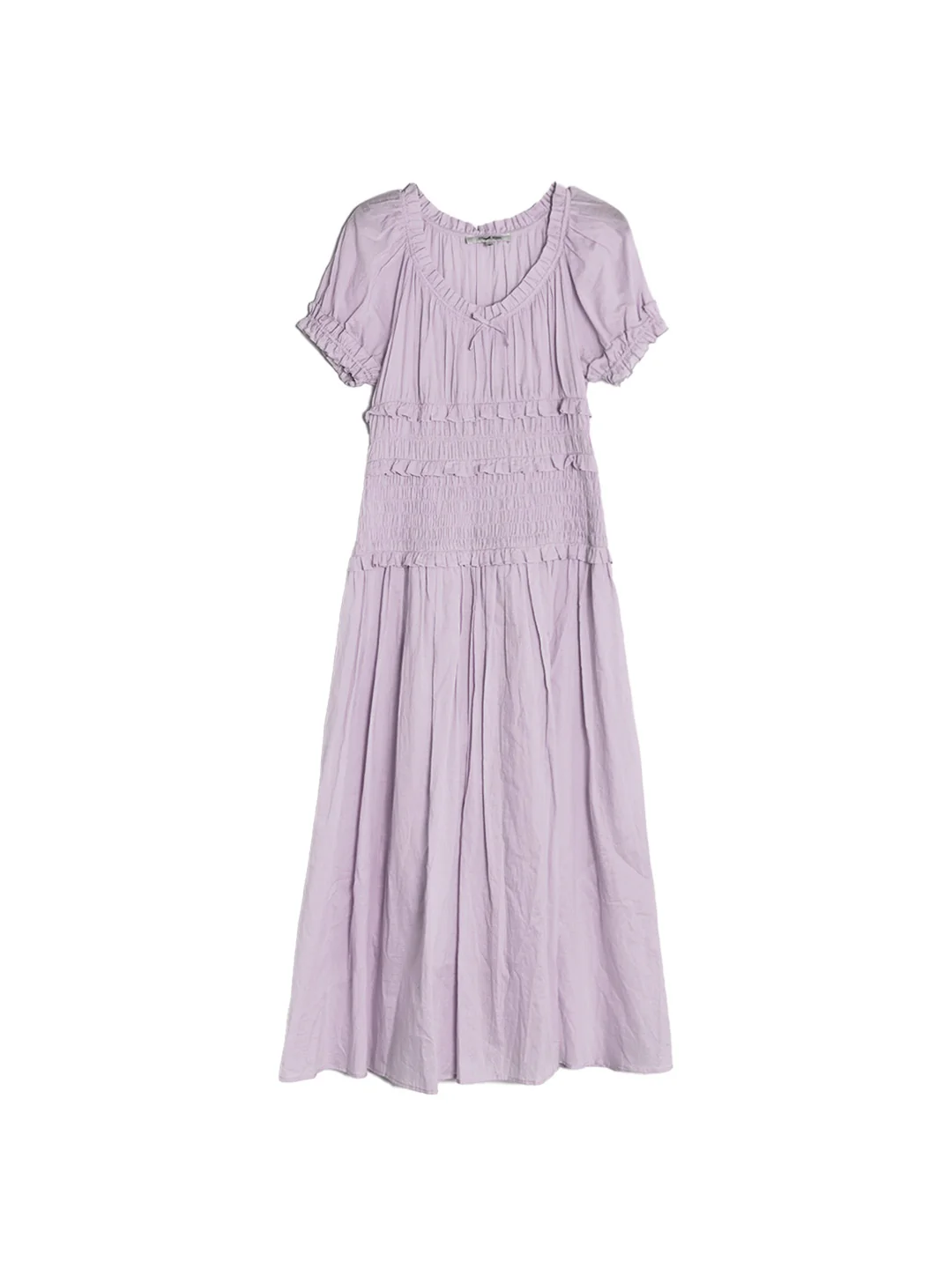 Round Neck Pleated 100% Cotton Dress - Purple