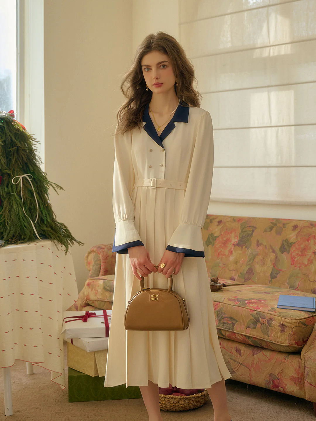 Vintage Double Breasted Colorblock Collar Dress