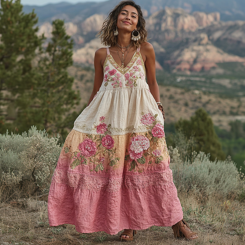 Pink Flowers Embroidered Vintage Linen Suspender Long Skirt