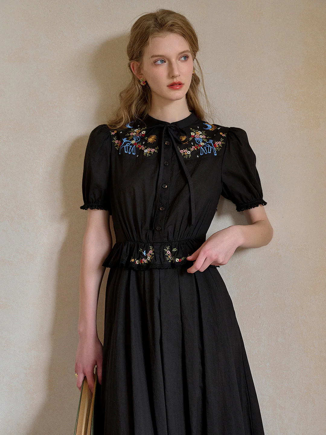 Round Neck Tie Embroidery 100% Cotton  Dress