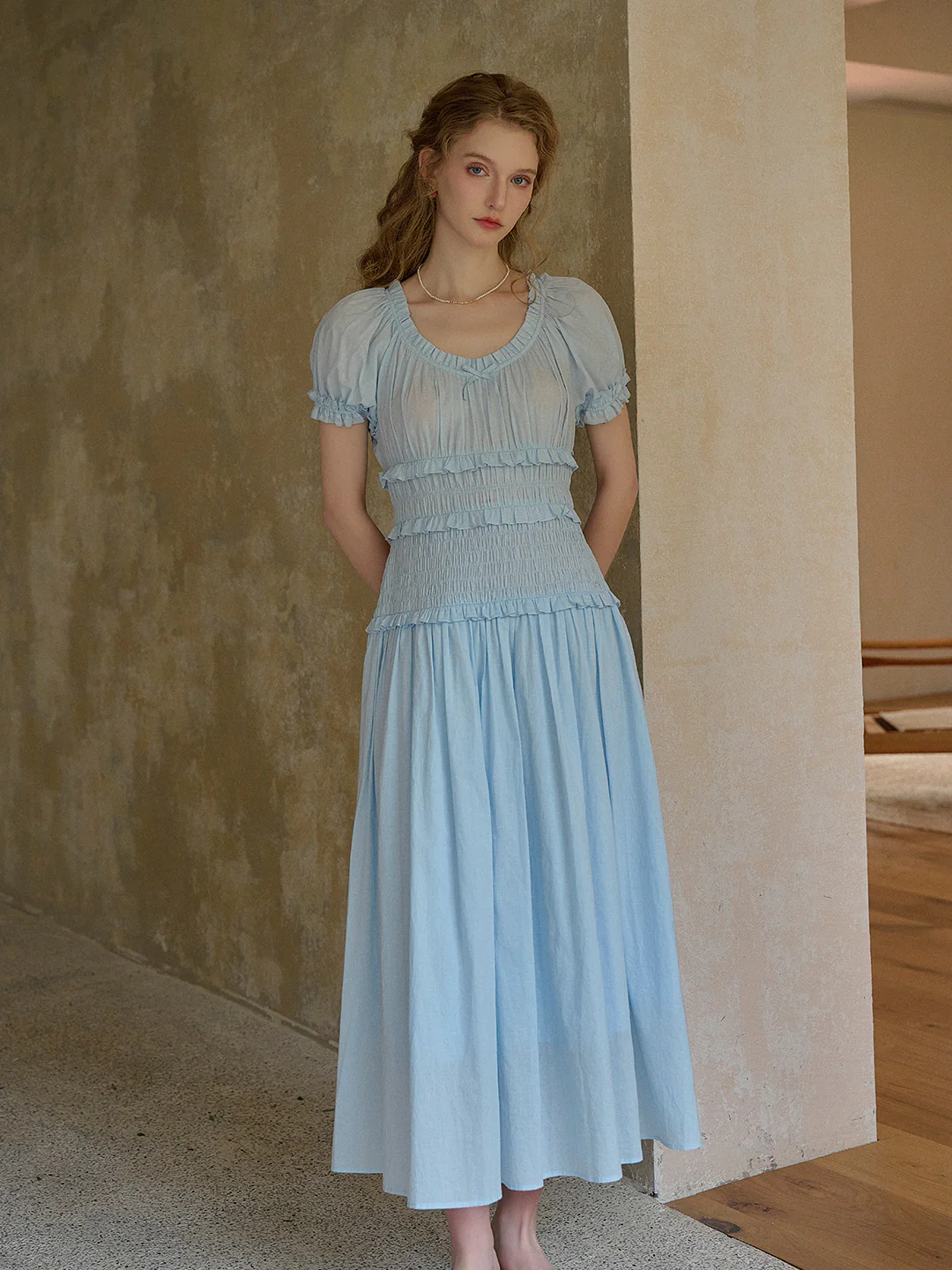 Round Neck Pleated 100% Cotton Dress - Purple