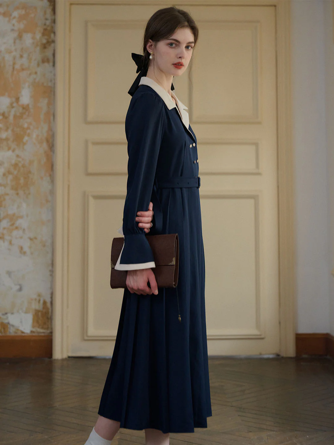 Vintage Double Breasted Colorblock Collar Dress