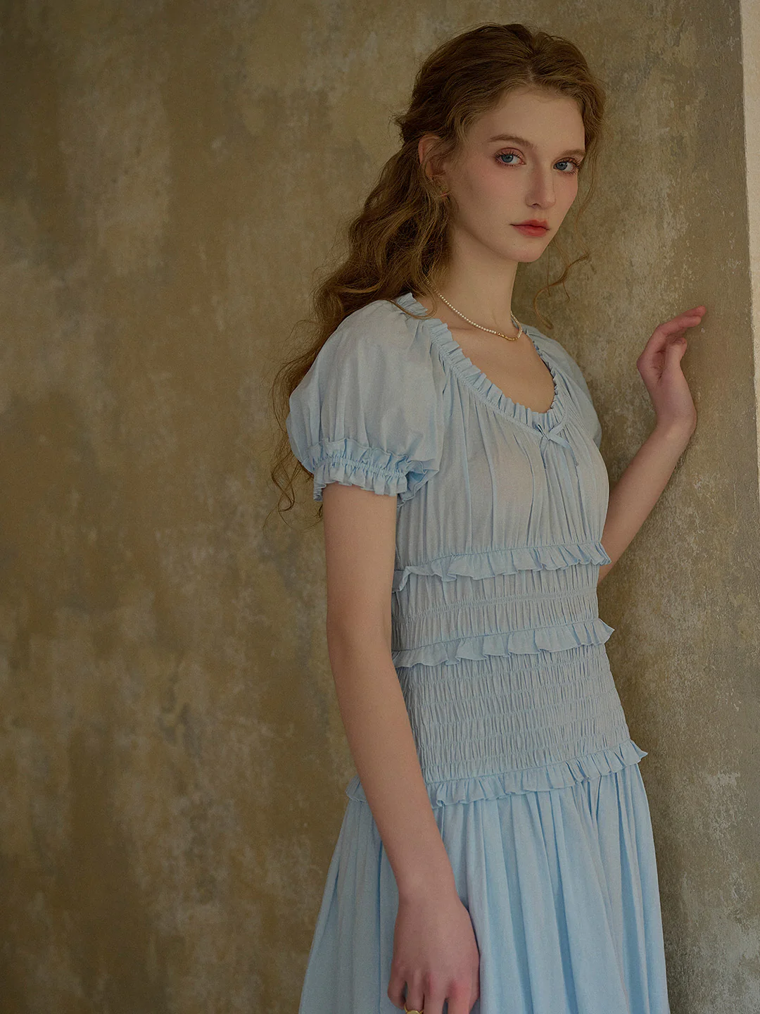 Round Neck Pleated 100% Cotton Dress - Purple