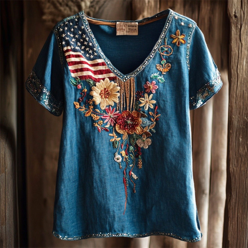 Western Style Flag & Sequin Floral Embroidery Women's Linen V-neck T-shirt