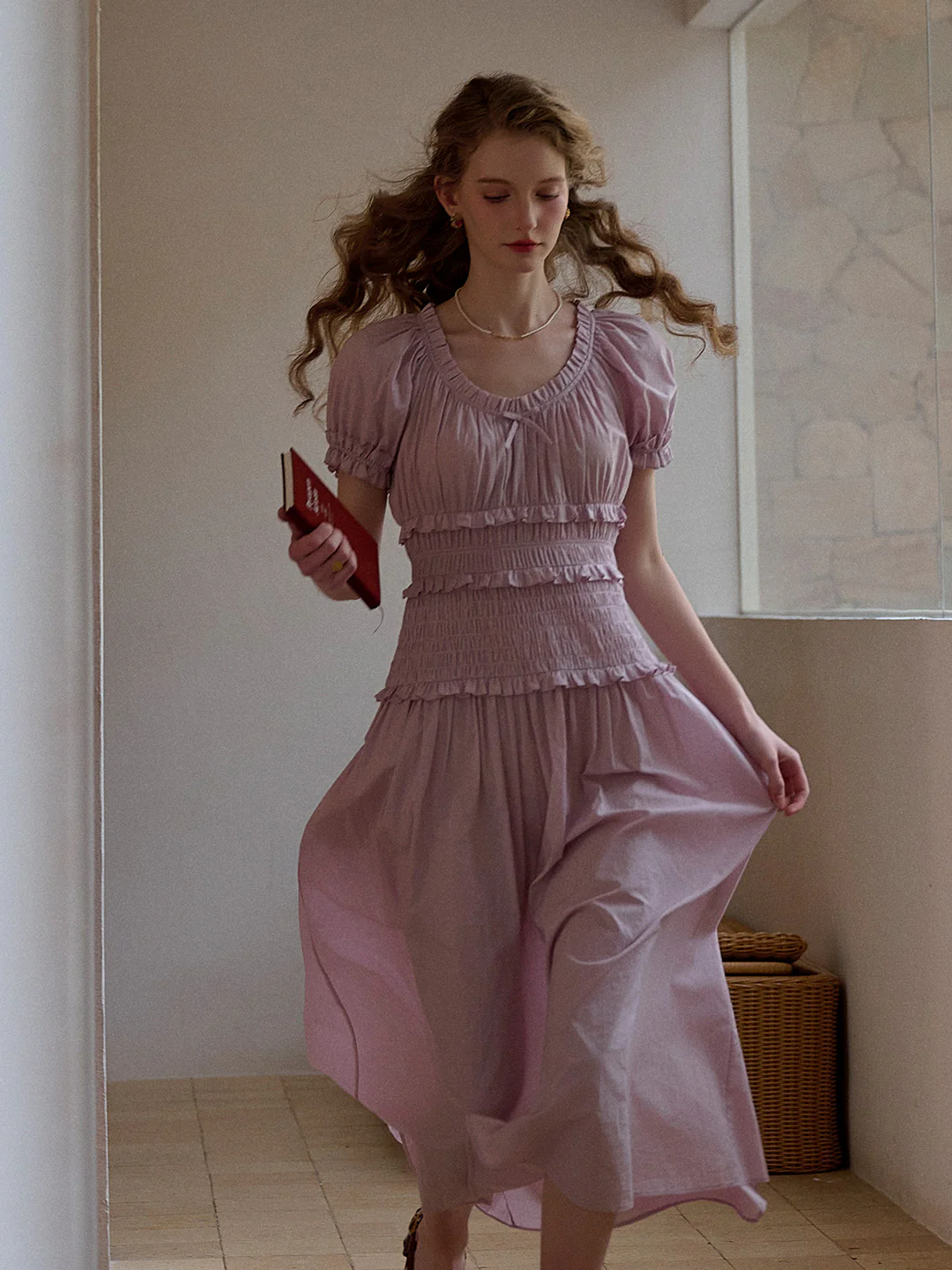 Round Neck Pleated 100% Cotton Dress - Purple