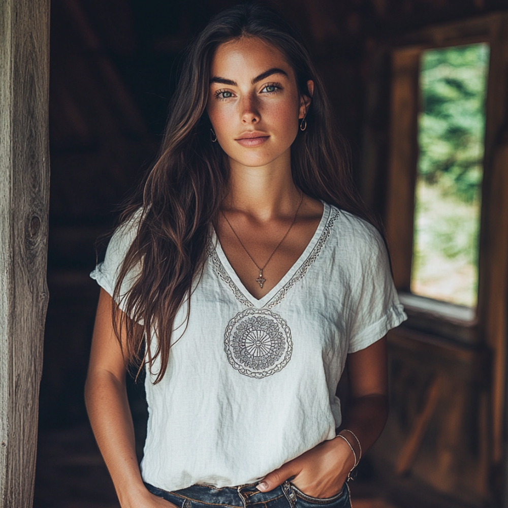 Floral Embroidery V-neck Short-sleeved Top