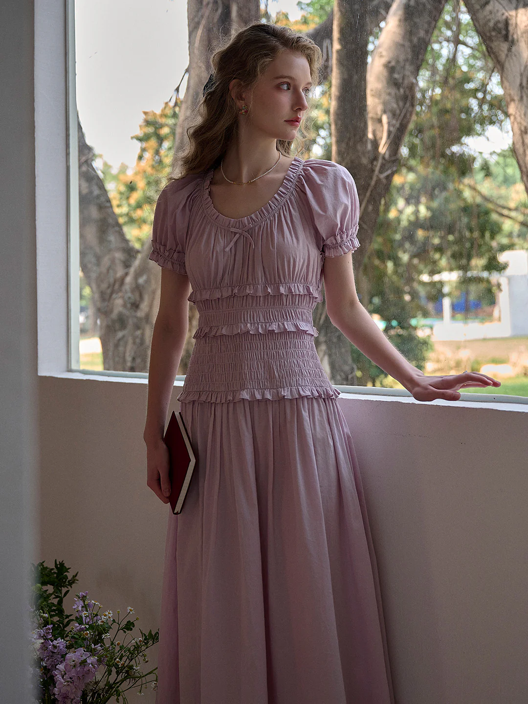 Round Neck Pleated 100% Cotton Dress - Purple