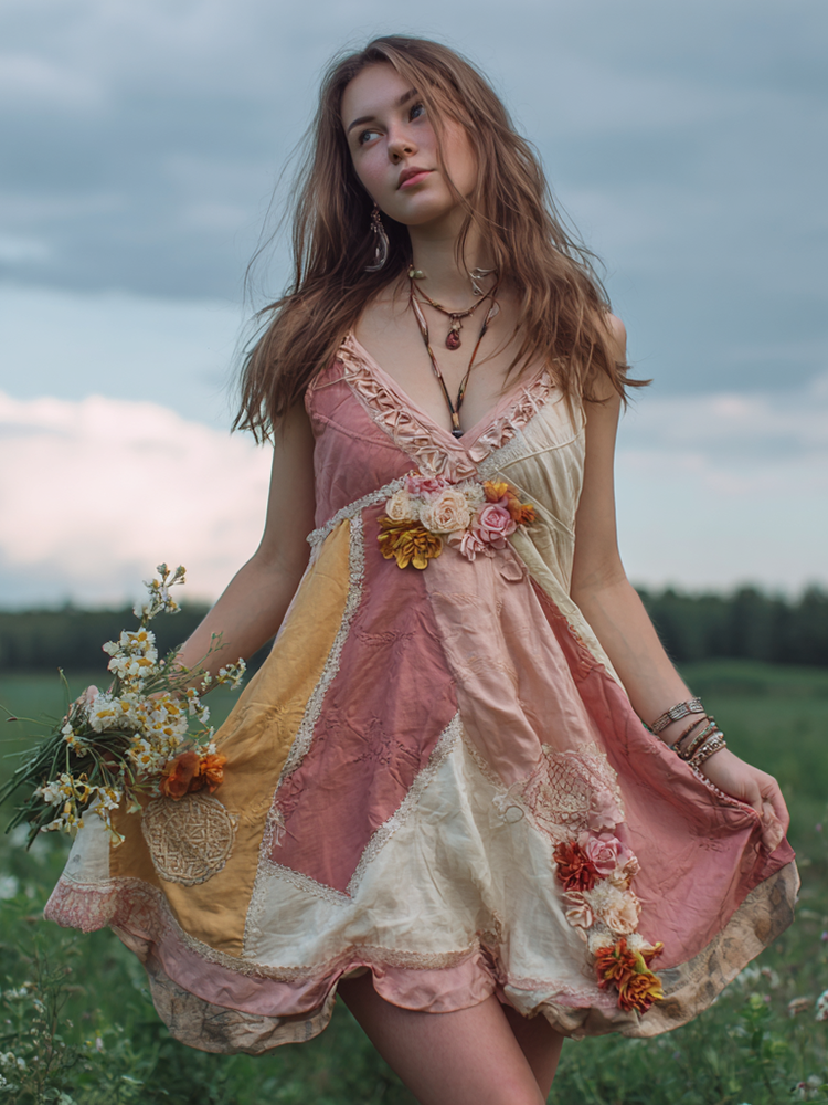 Women's Retro Floral Color Block Sleeveless Short Dress