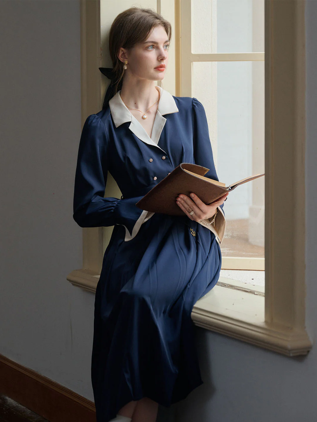 Vintage Double Breasted Colorblock Collar Dress