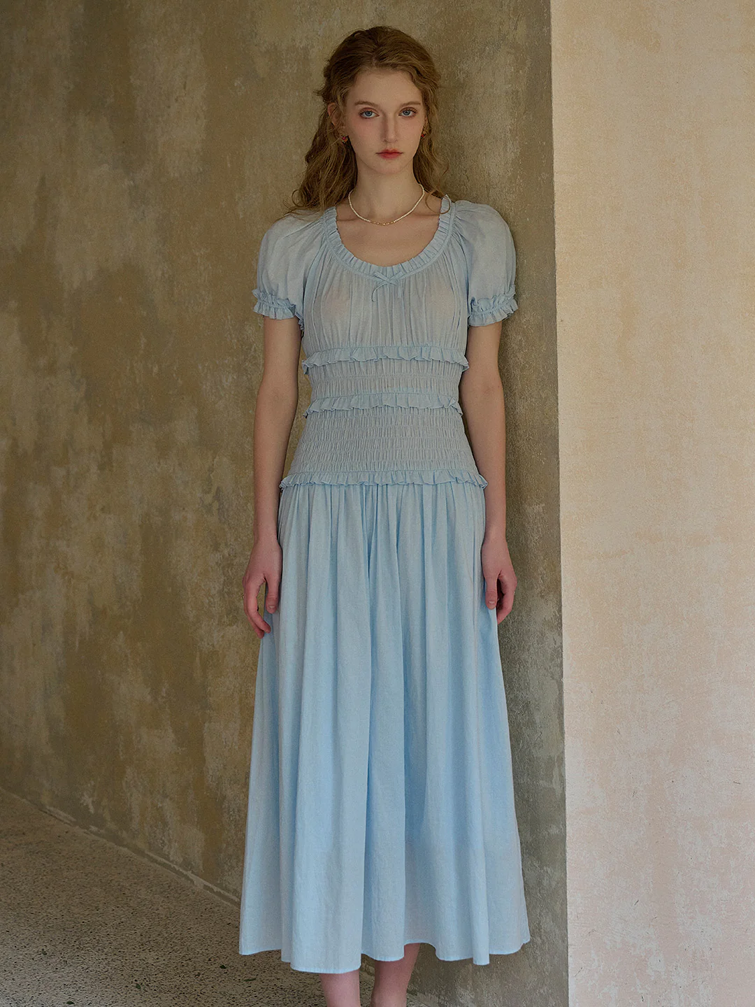 Round Neck Pleated 100% Cotton Dress - Purple