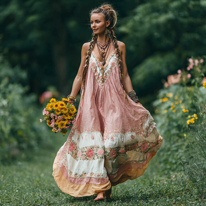 Women's Vintage Floral Patterned Suspender Dress