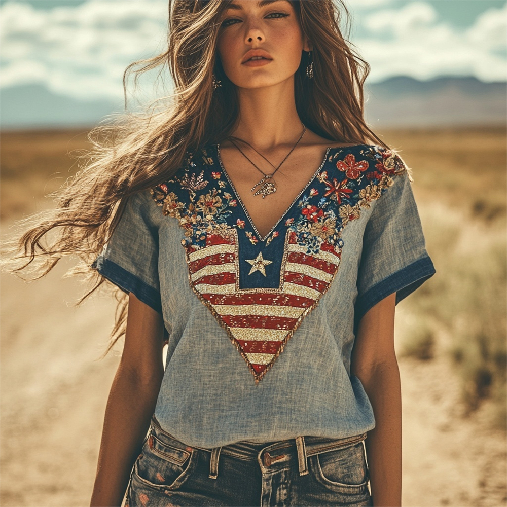 Western Style Floral Sequin Embroidery Women's Linen V-neck Shirt