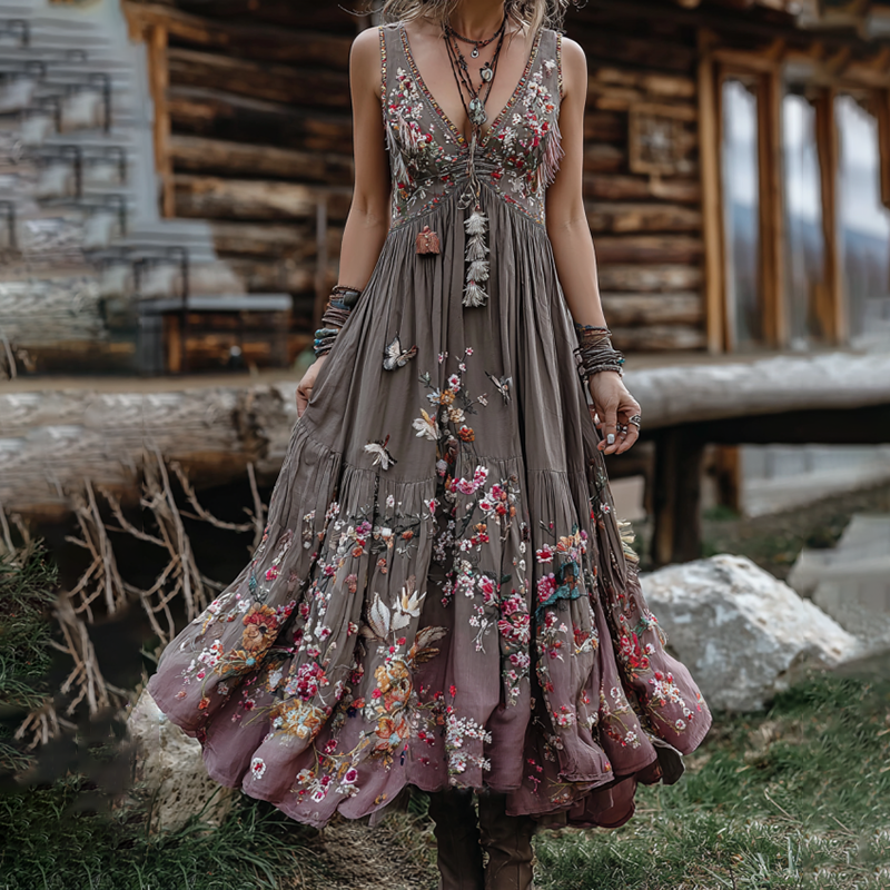 Women's Boho Floral Art V Neck Comfy Maxi Dress