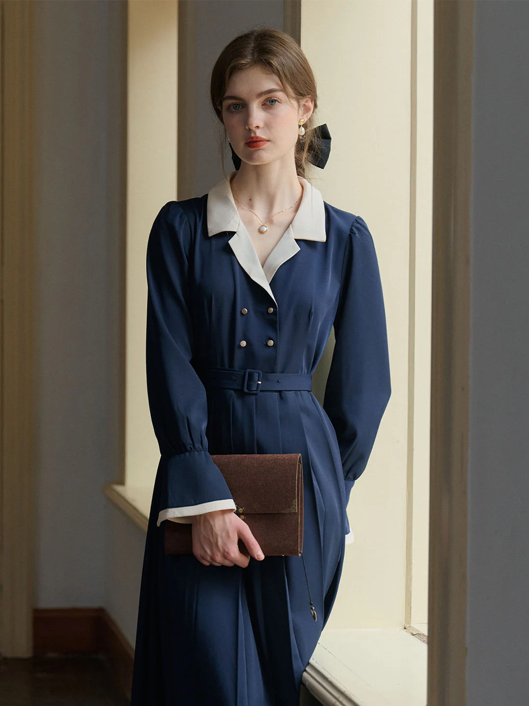 Vintage Double Breasted Colorblock Collar Dress