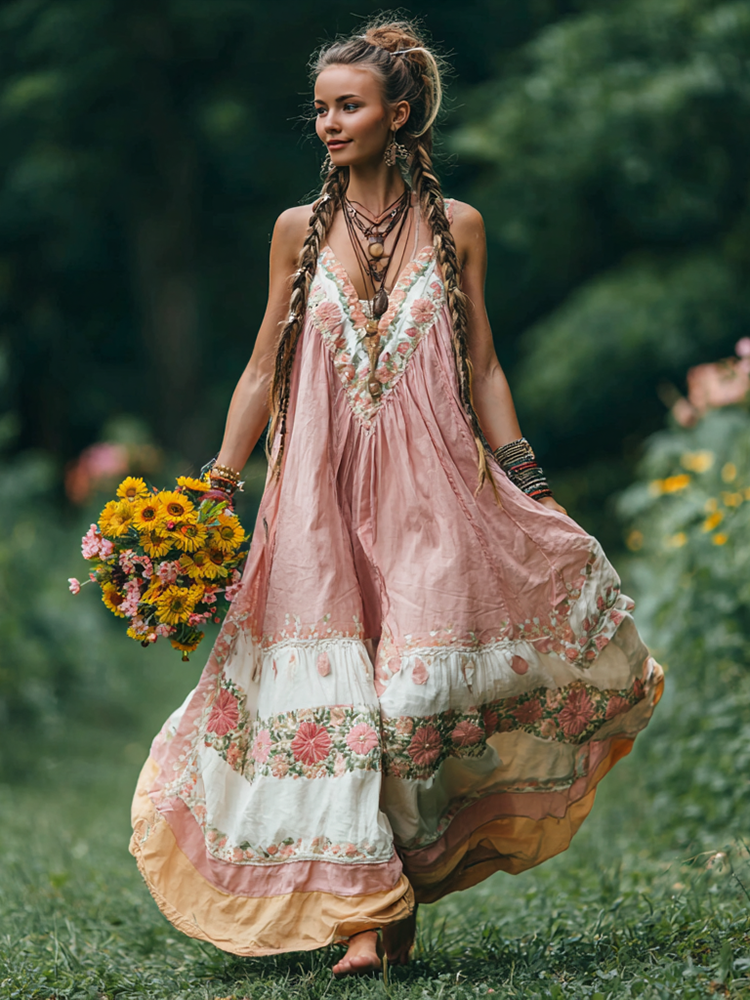 Women's Vintage Floral Patterned Suspender Dress