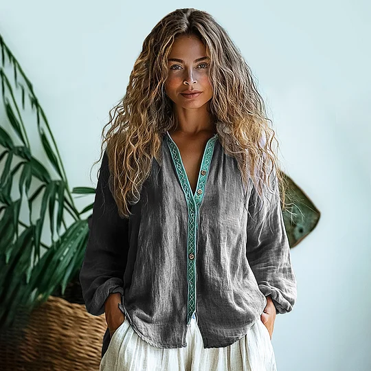 Bohemian Style Linen Print  Long Sleeve Shirt