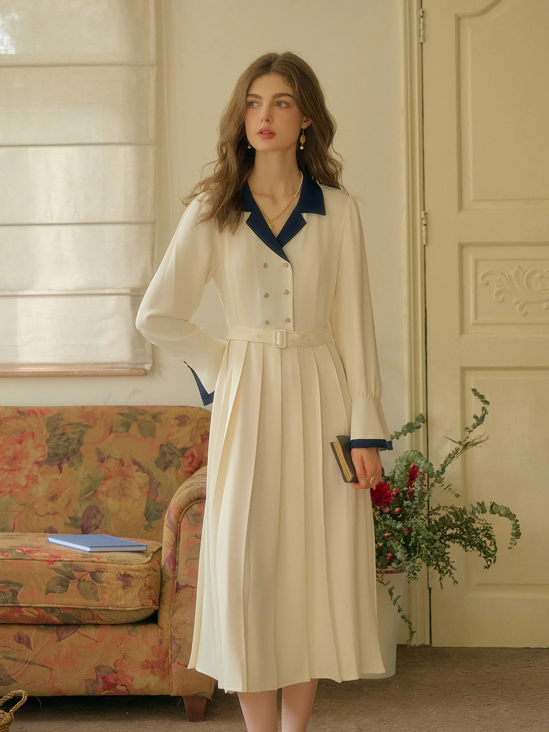 Vintage Double Breasted Colorblock Collar Dress