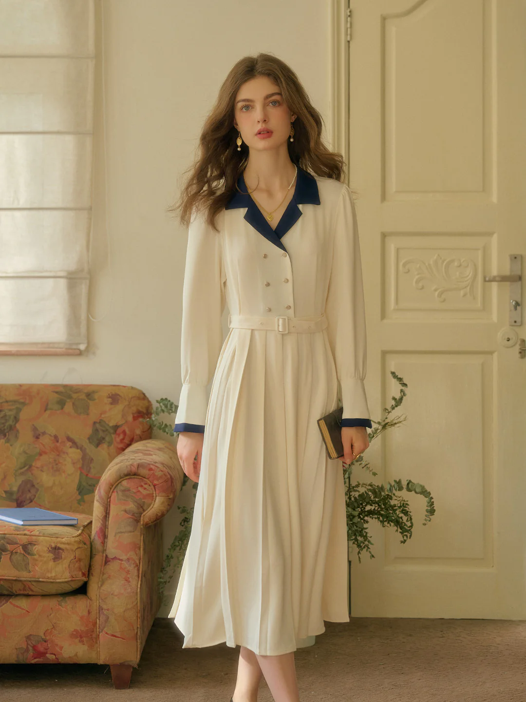 Vintage Double Breasted Colorblock Collar Dress