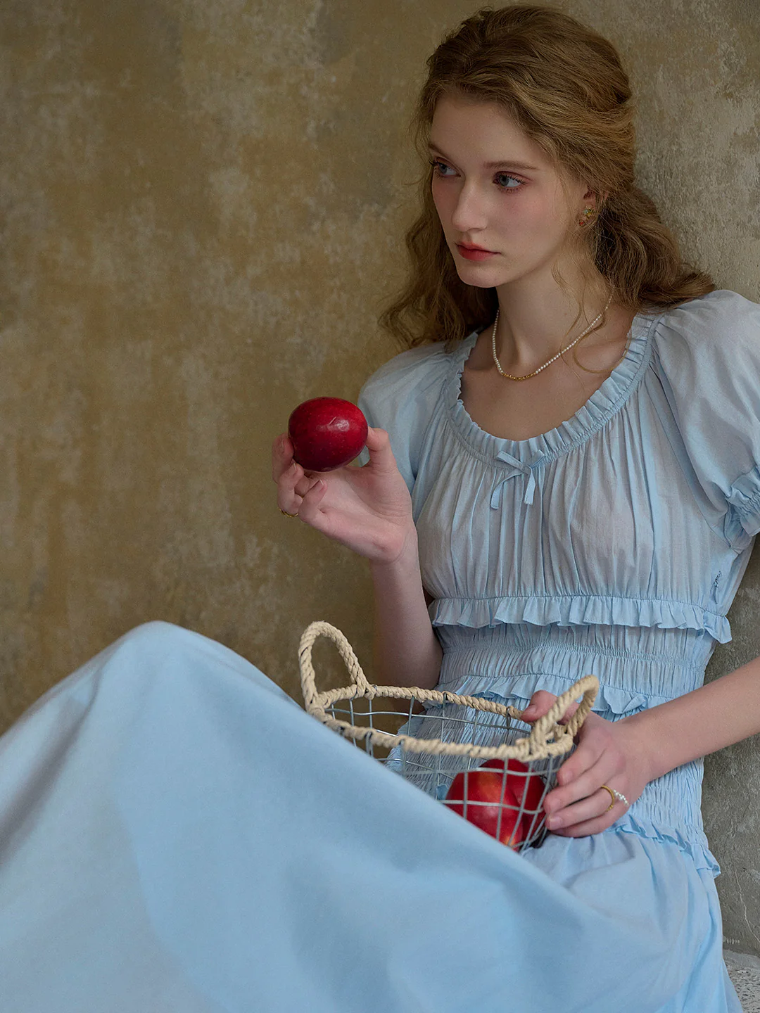 Round Neck Pleated 100% Cotton Dress - Purple