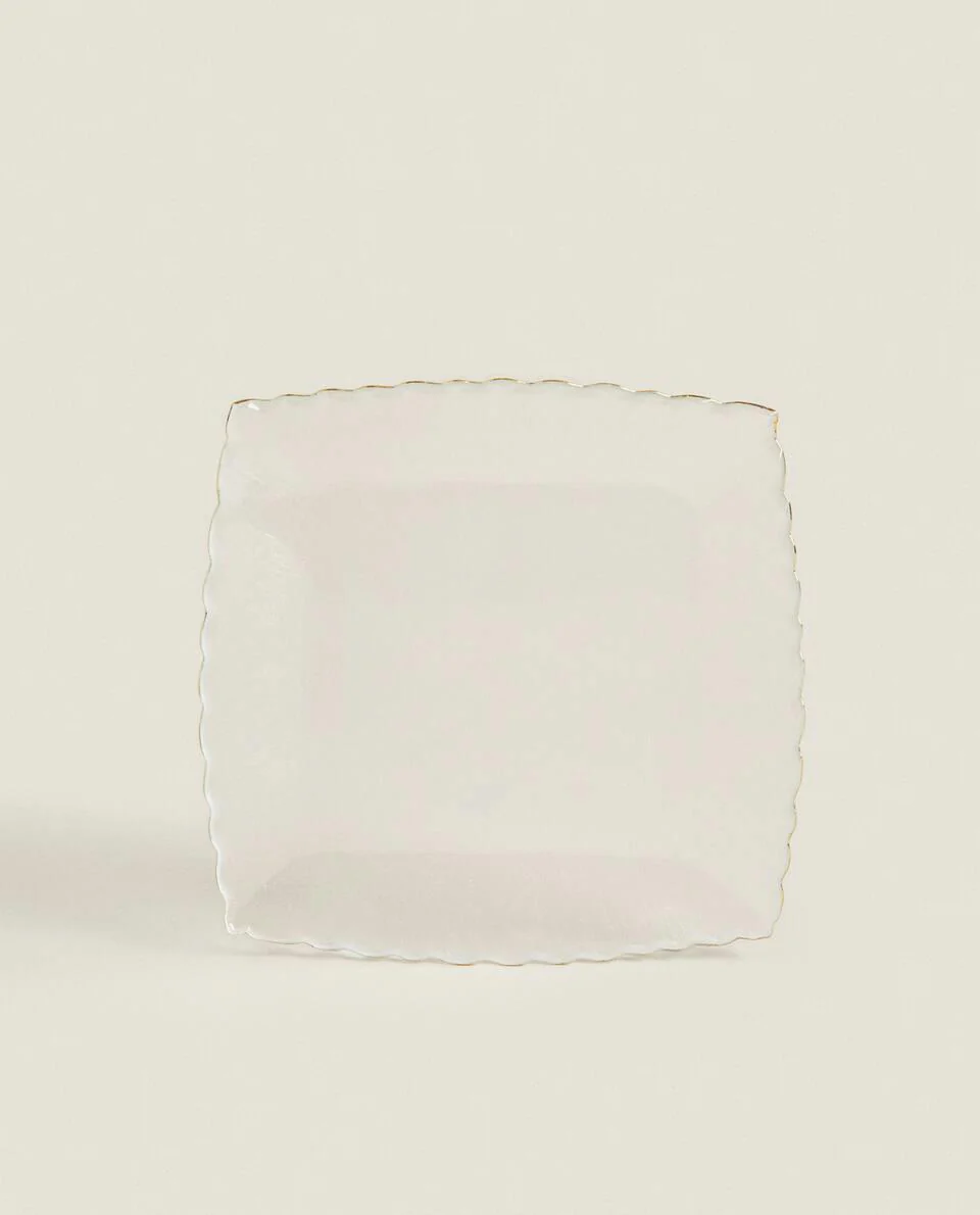 CHRISTMAS GLASS DESSERT PLATE WITH GOLD RIM