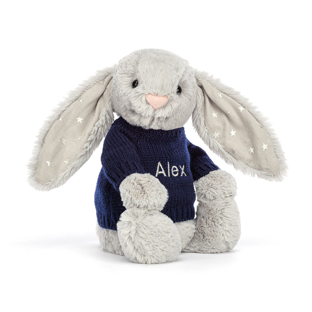 Bashful Shimmer Bunny With Personalised Navy Jumper