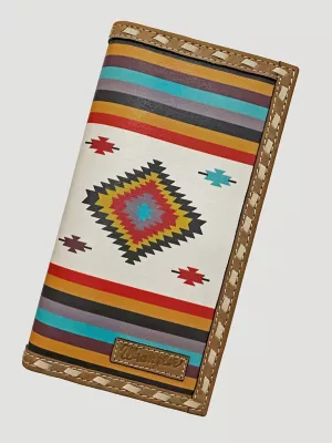 Canvas Southwest Print Leather Trim Checkbook:Tan:One Size