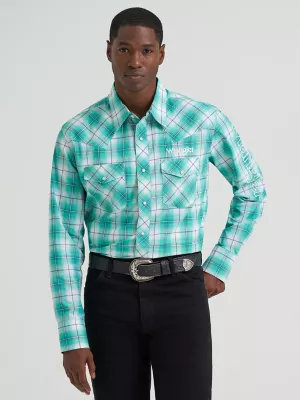 Men's Wrangler® Logo Long Sleeve Western Snap Shirt in Turquoise Sea