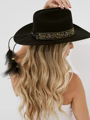 Womens Embroidered Band with Tassels Cowboy Hat:Black:One Size