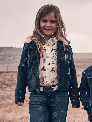 Girl's Sherpa Lined Denim Trucker Jacket in Blue Denim