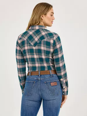 Women's Essential Flannel Plaid Western Snap Shirt in Pine Forest