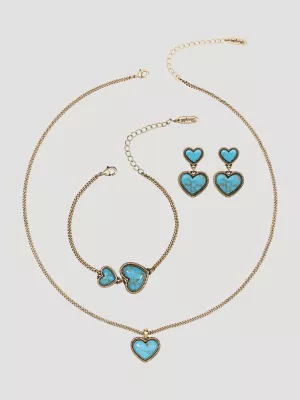 Stone Heart Pendant Necklace Earring Bracelet Set:Turquoise:One Size