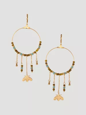 Beaded Sun Charm Circle Earrings:Khaki:One Size
