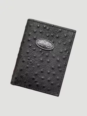 Embossed Ostrich Leather Trifold Wallet:Black:One Size