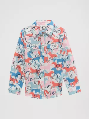 Girl's Cowboy Horse Print Western Snap Shirt in Colorful Horses