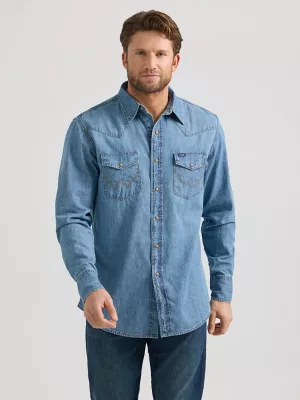 Men's Wrangler® Classic Denim Western Snap Shirt in Light Wash