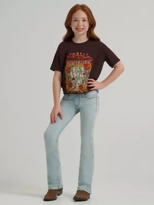 Girl's Wrangler x Lainey Wilson Raw Hem Boot Huggers in Bleach Blue Wash