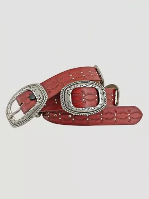 Women's Embossed Slider Conchos Belt in Red