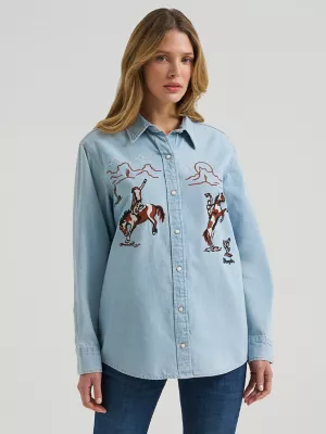 Womens Embroidered Boyfriend Western Snap Denim Shirt in Denim Blue