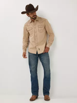 Men's Wrangler® Contrast Trim Western Two Snap Flap Pocket Shirt in Tan