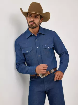 Cowboy Cut Long Sleeve Western Denim Snap Work Shirt in Blue