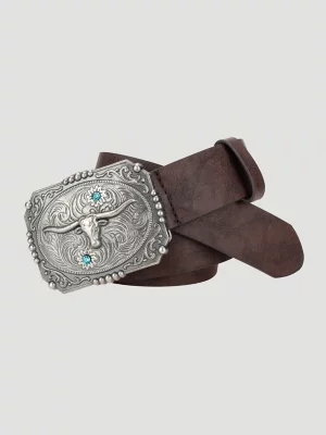 Women's Floral Steer Head Buckle Belt in Brown